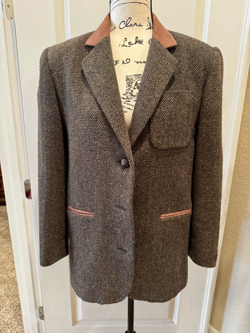 The Limited Brown Herringbone Wool Blazer with Tan Collar & Trim